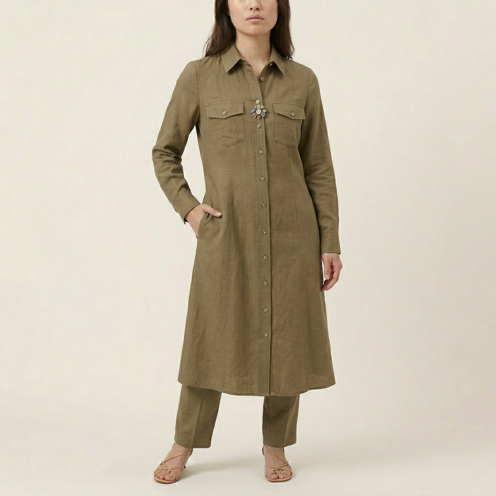 Women's Button-Front Shirt Dress - Khaki