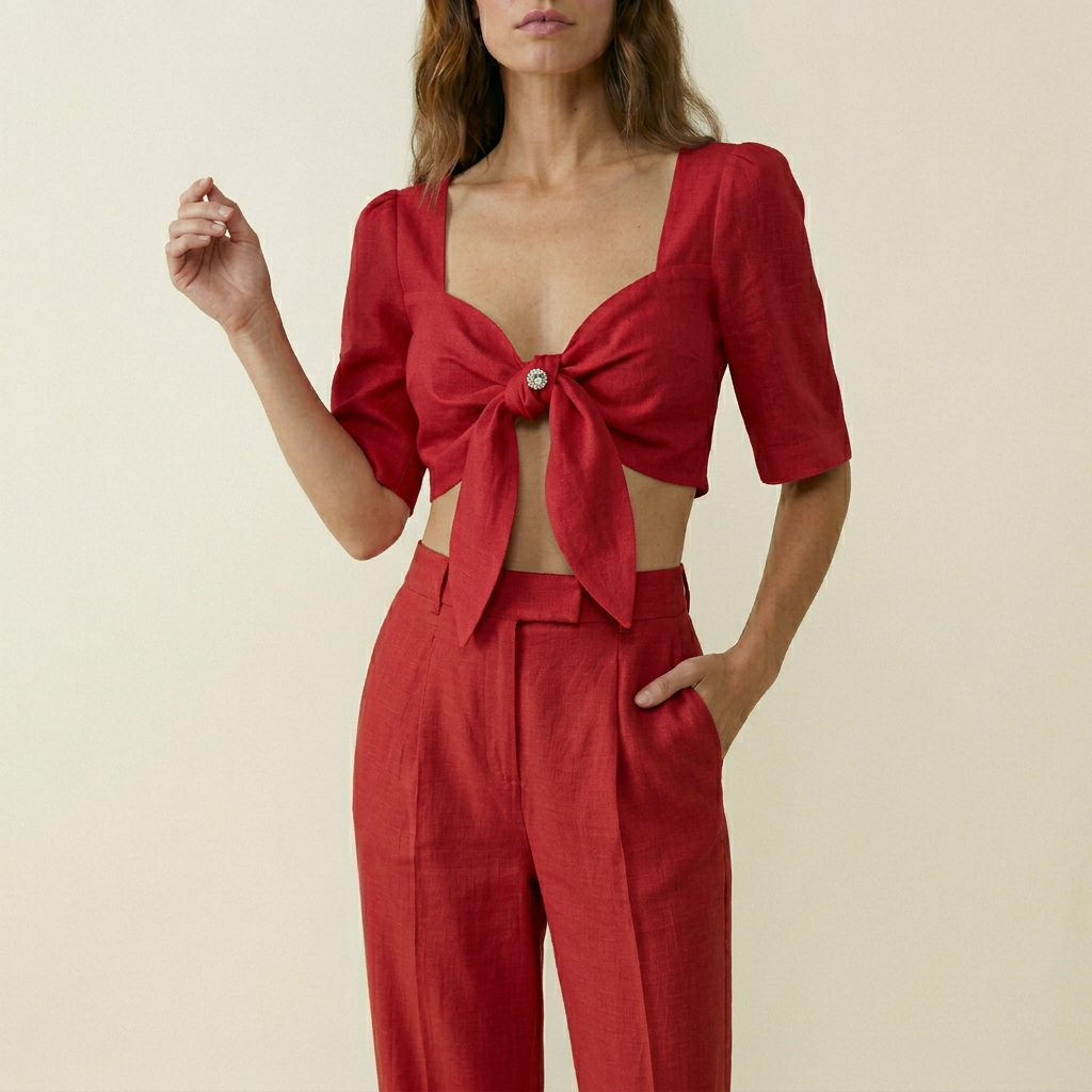 Women's Tie-Front Knotted Top - Red