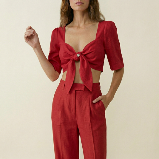 Women's Tie-Front Knotted Top - Red