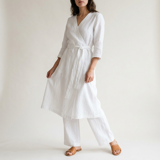 Women's Linen Wrap Midi Dress - White