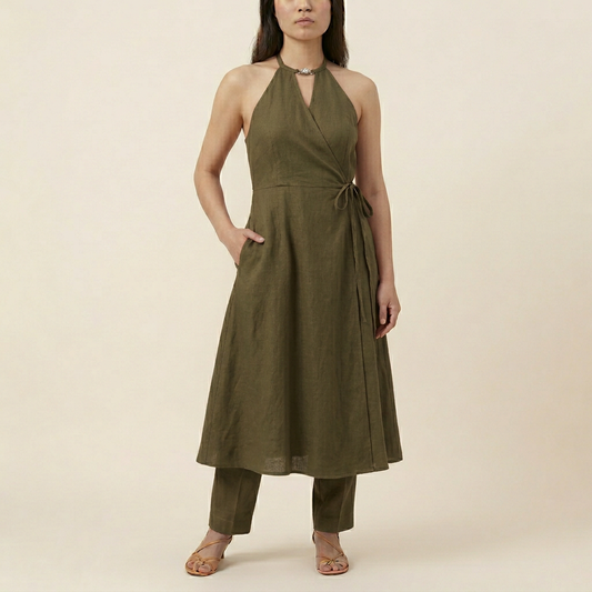 Women's Halter Neck Wrap Dress - Olive