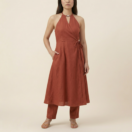 Women's Halter Neck Wrap Dress - Terracotta