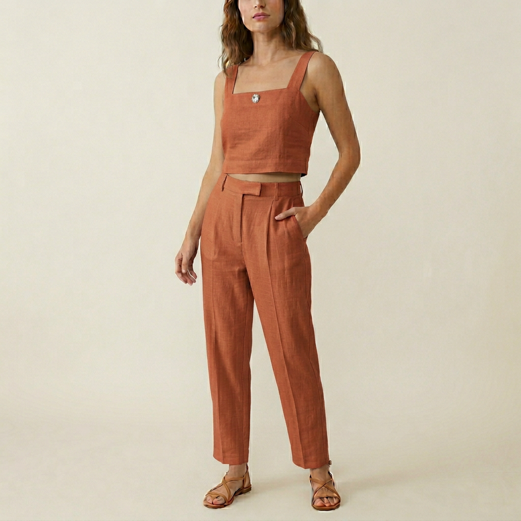Women's Linen Crop Top - Terracotta