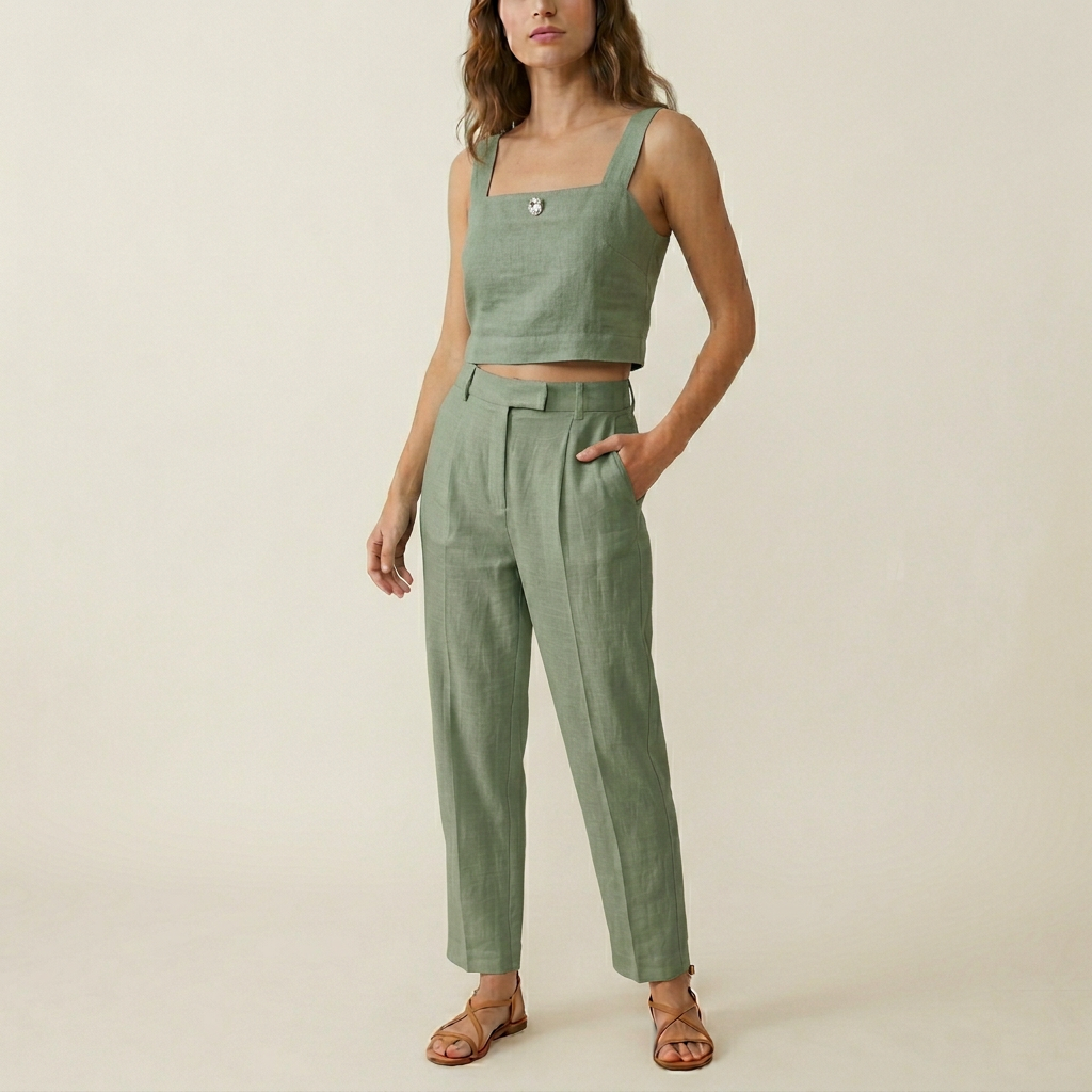 Women's Linen Crop Top - Sage Green