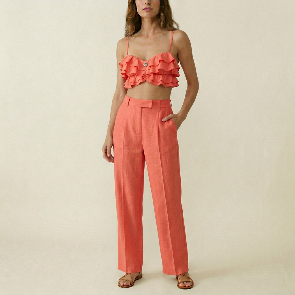 Women's Ruffled Bikini Top - Coral