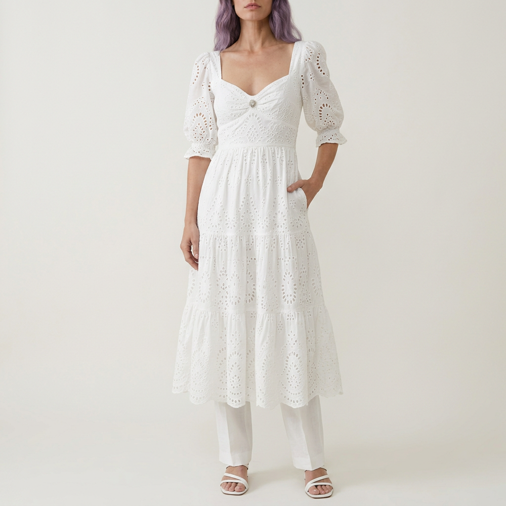 Women's Broderie Anglaise Midi Dress - White