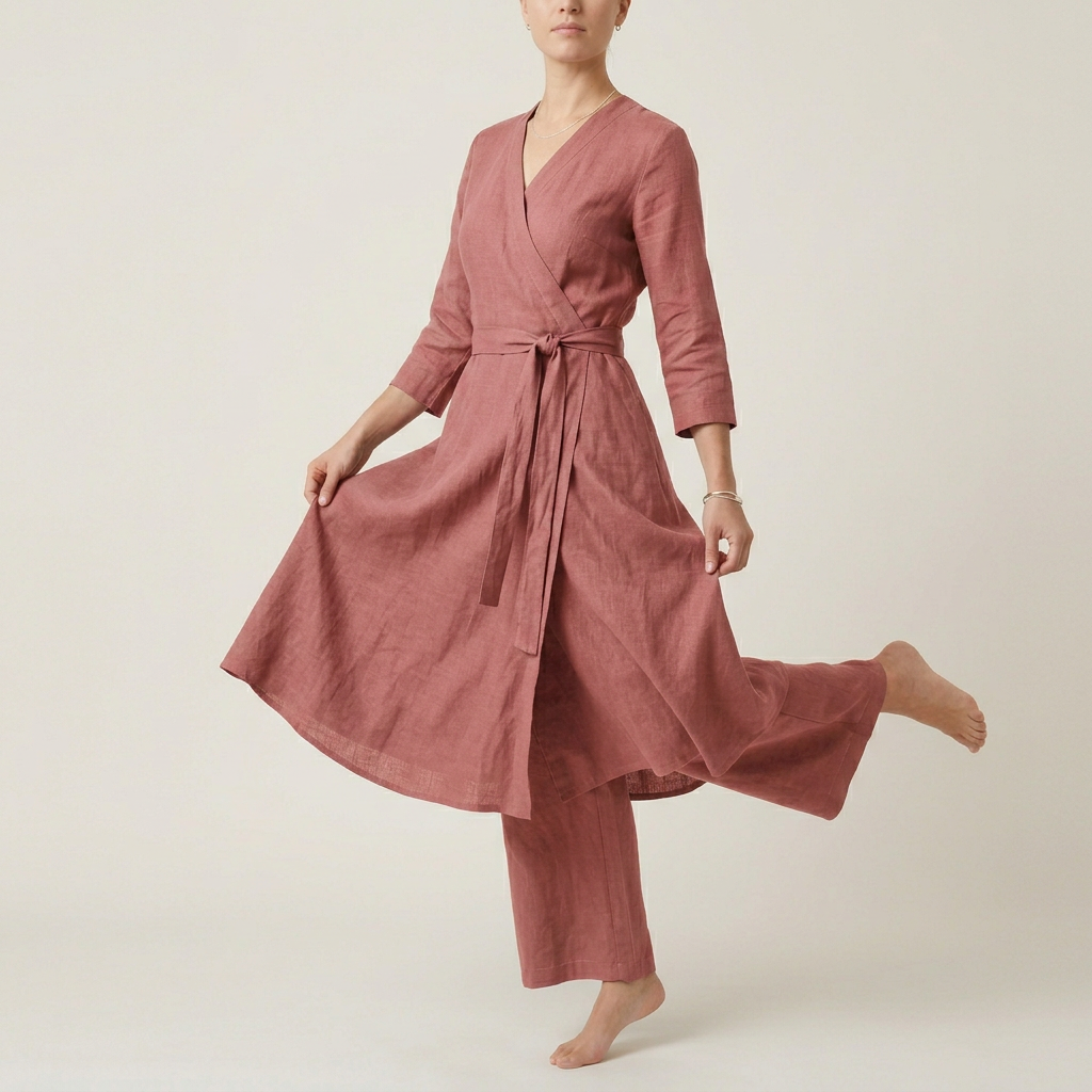 Women's Linen Wrap Midi Dress - Dusty Rose