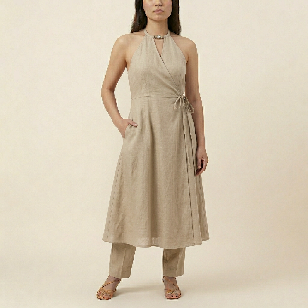 Women's Halter Neck Wrap Dress - Sand
