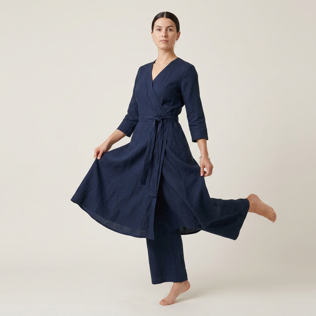 Women's Linen Wrap Midi Dress - Navy Blue