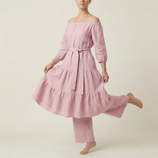 Women's Off-Shoulder Tiered Dress - Pink