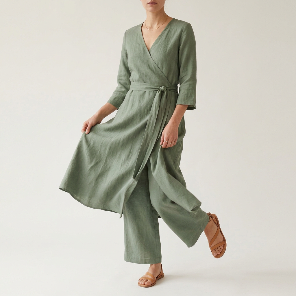 Women's Linen Wrap Midi Dress - Sage Green