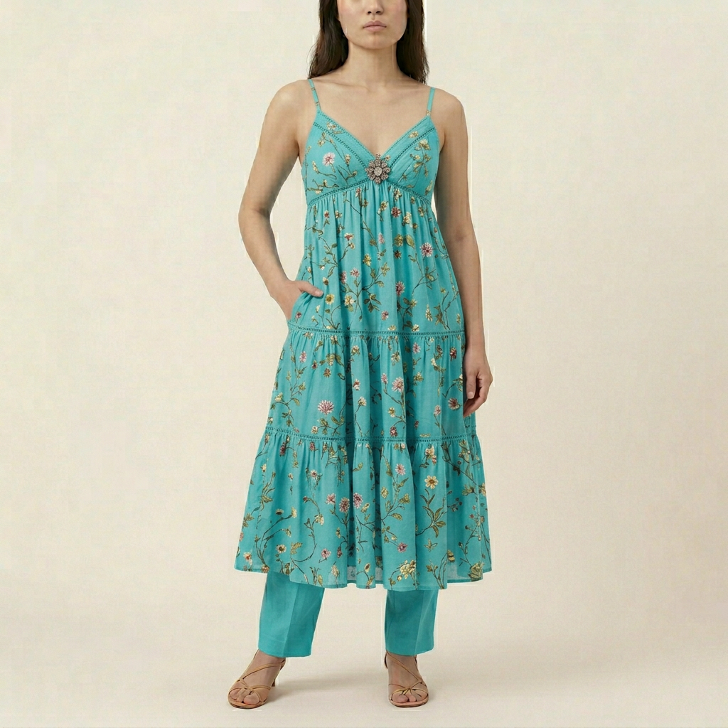 Women's Floral Maxi Sundress - Turquoise