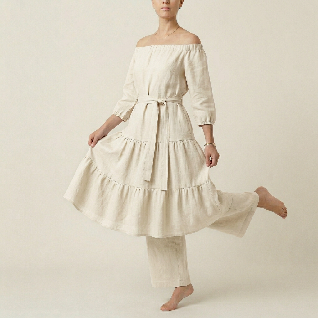 Women's Off-Shoulder Tiered Dress - Cream
